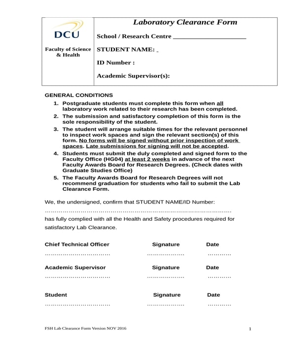 school laboratory clearance form