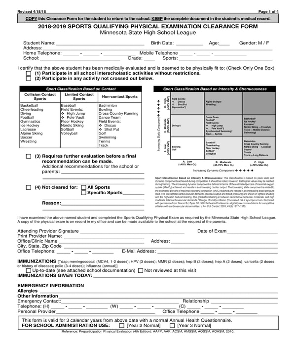 school sports physical exam clearance form