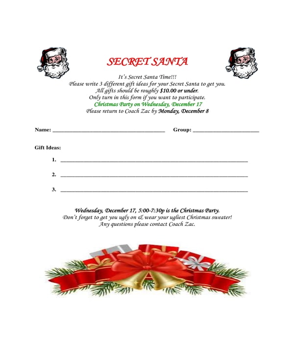 Secret Santa Form Printable Customize and Print