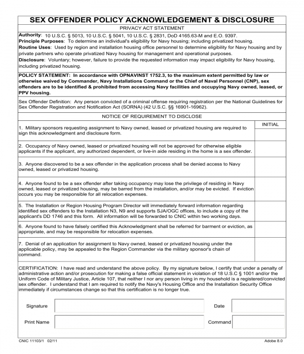 sex offender policy acknowledgement and disclosure form
