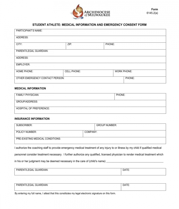 student athlete medical information and consent form