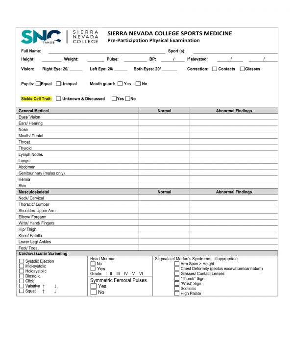 student athlete pre participation examination form