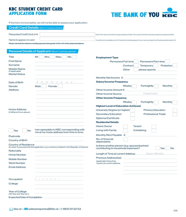 student credit card application form