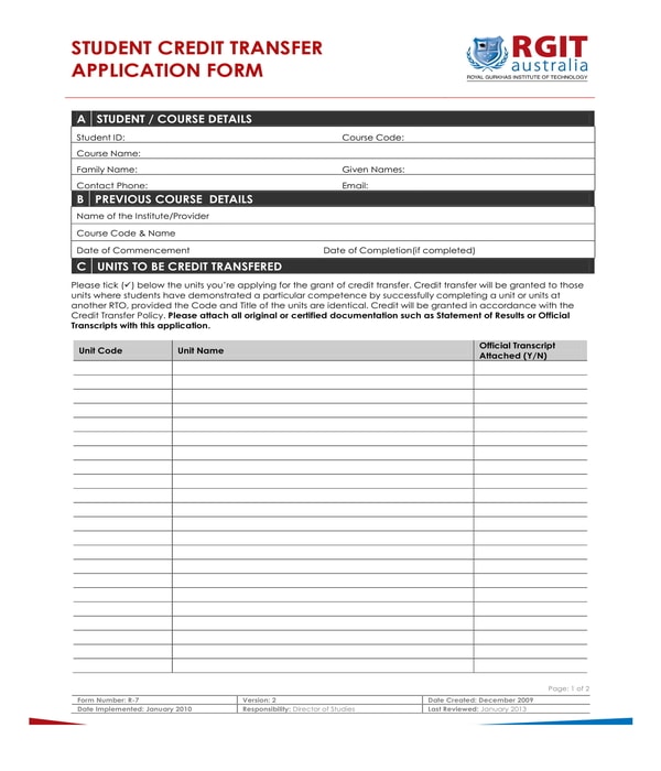 student credit transfer application form