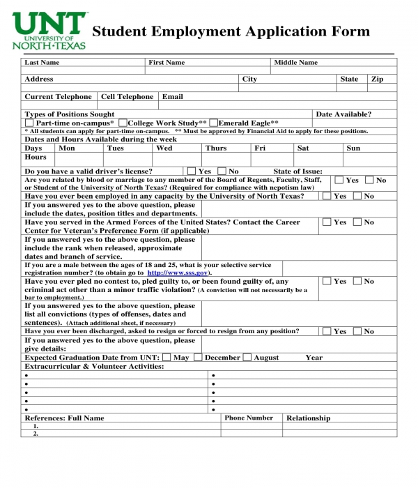 student employment application form