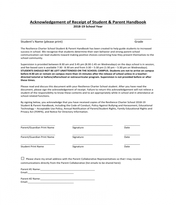 student receipt and parent handbook acknowledgment form