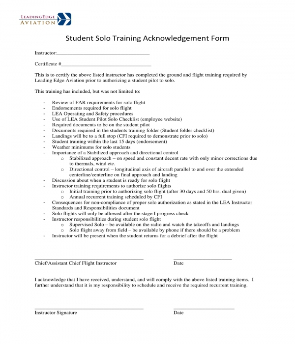 student solo training acknowledgement form