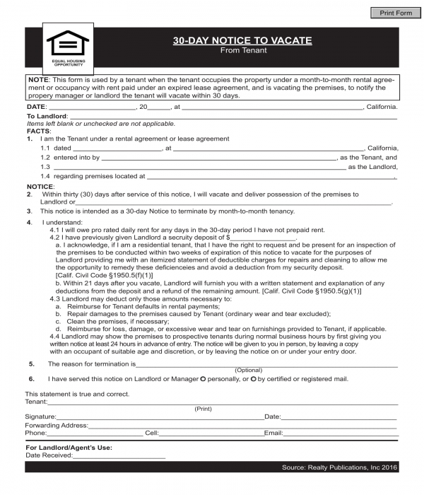 tenant 30 day notice to vacate form