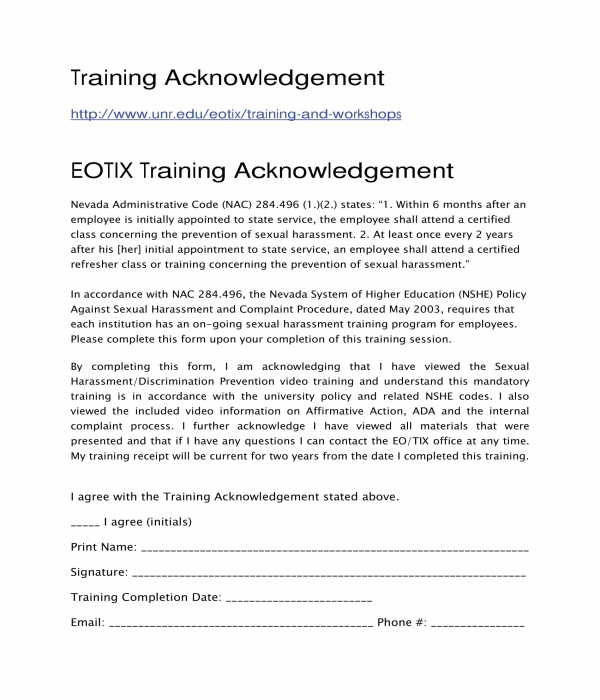 training acknowledgment form sample