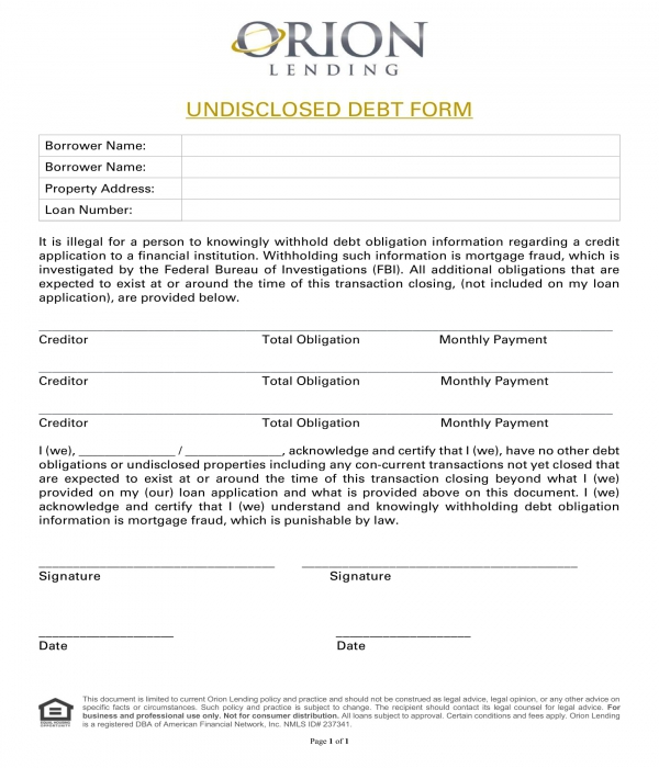 undisclosed debt acknowledgment form