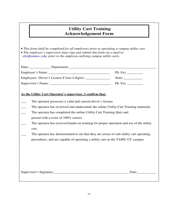 utility cart training acknowledgment form