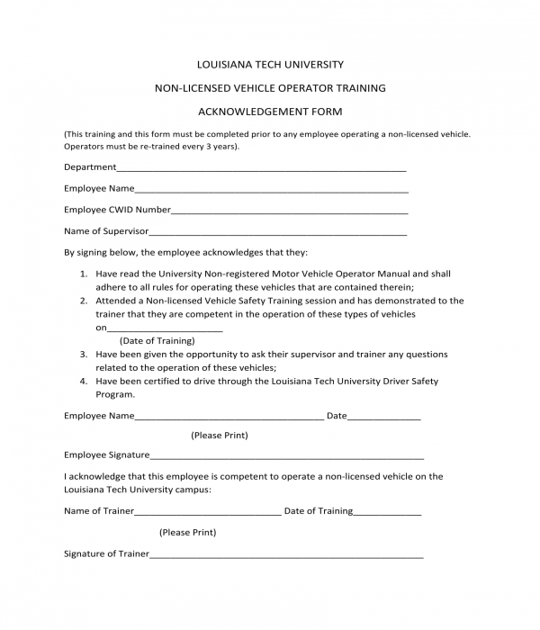 vehicle operator training acknowledgment form