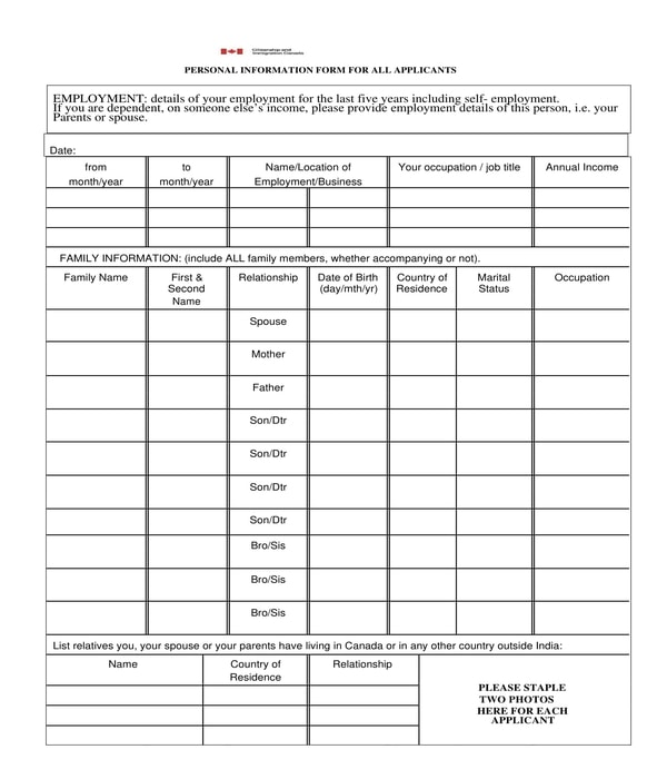 applicant personal information form
