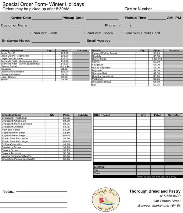 bakery special order form