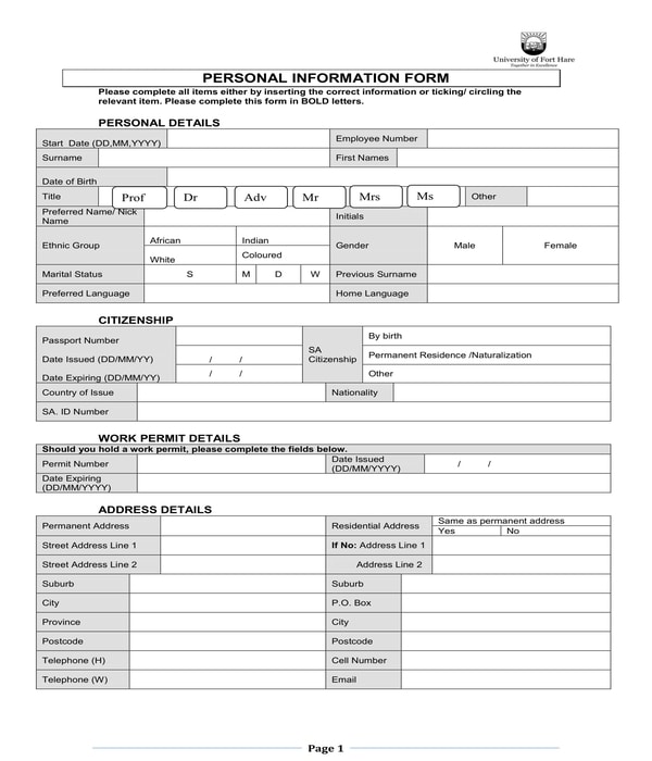 basic personal information form sample
