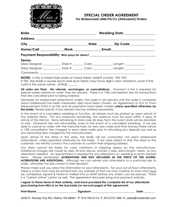bridal tailoring special order agreement form