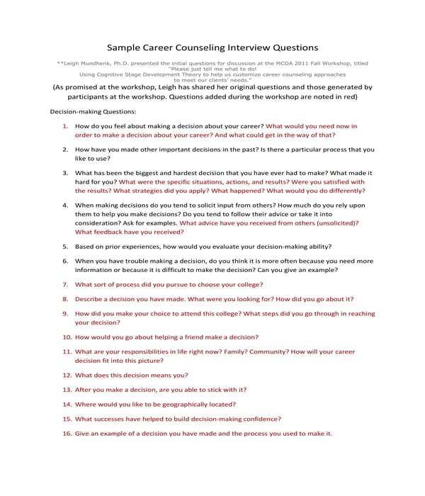 career counseling interview questionnaire form