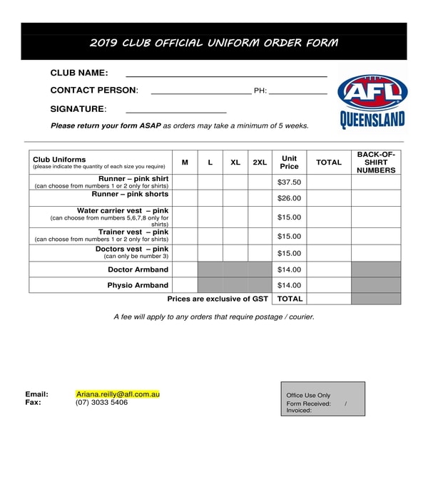 Free Uniform Order Form Template Excel