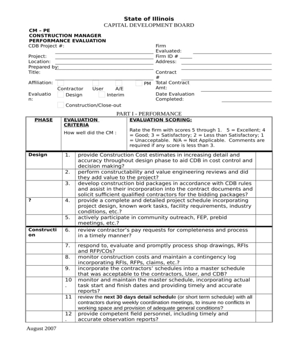 construction manager performance evaluation form