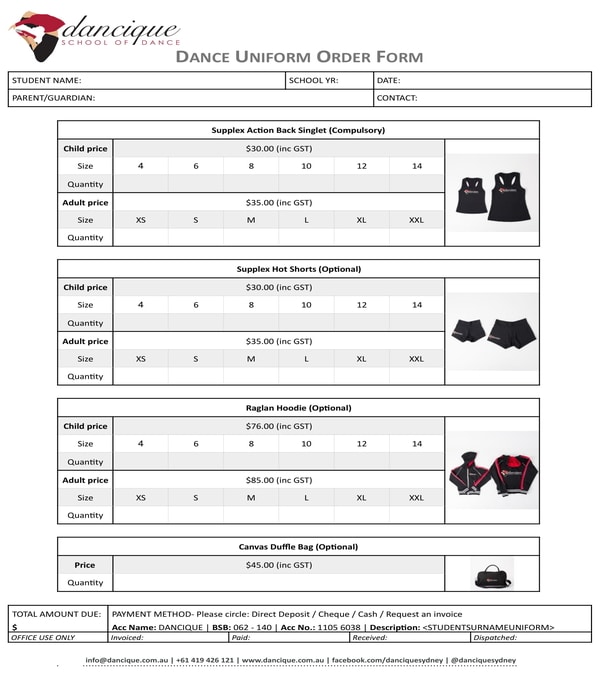 dance uniform order form