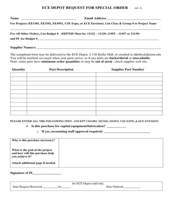 depot request for special order form
