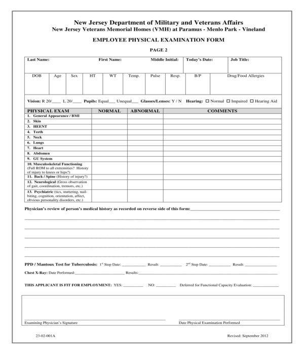 employee physical examination form