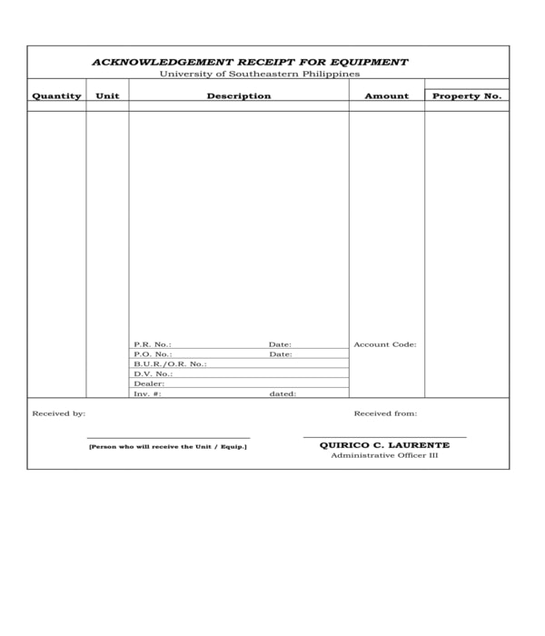 equipment property acknowledgment receipt form