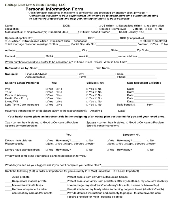 estate client personal information form
