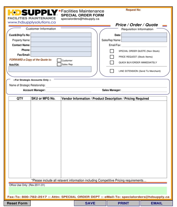 facilities maintenance special order form