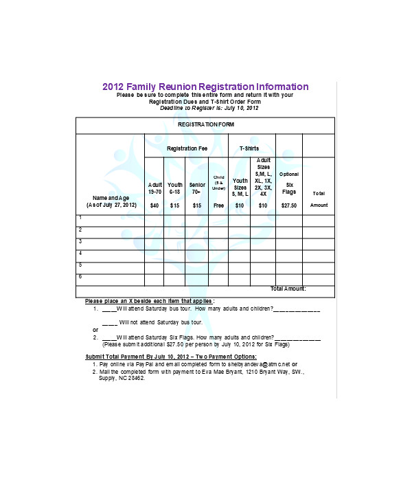family reunion information registration form