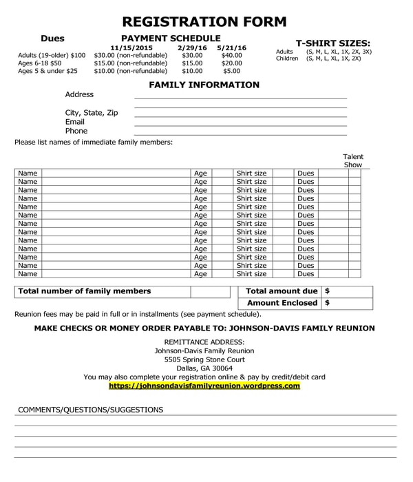 FREE 6 Family Reunion Registration Forms In PDF MS Word Excel