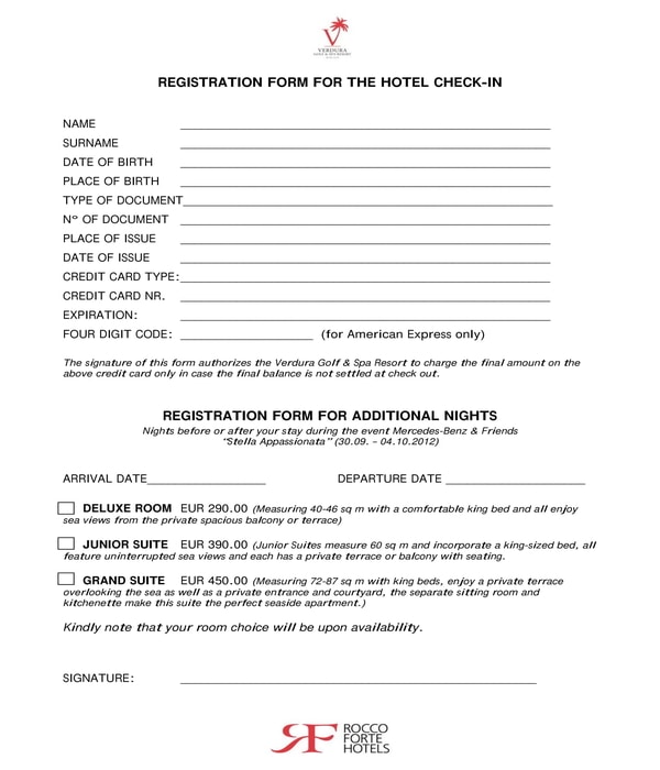 hotel check in registration form