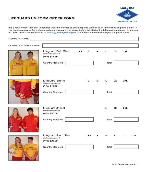 lifeguard uniform order form
