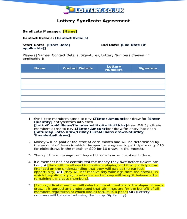 lottery syndicate agreement form