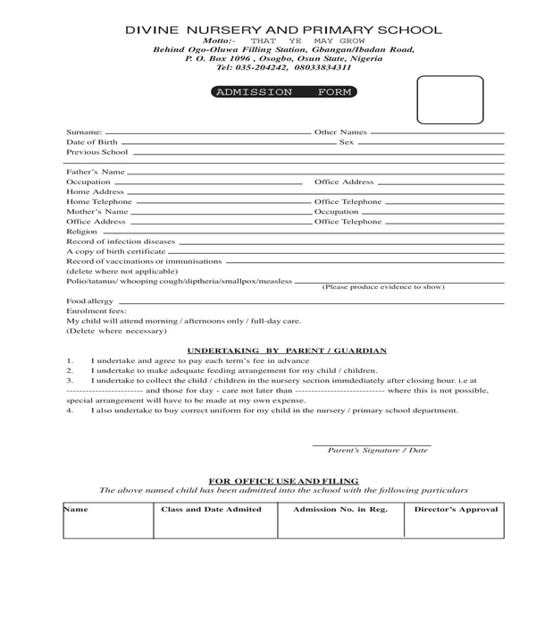 nursery and primary school admission form