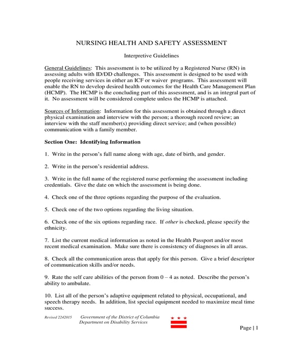nursing health and safety assessment form