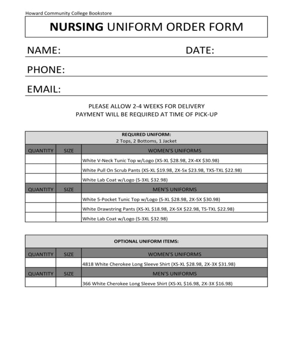nursing uniform order form