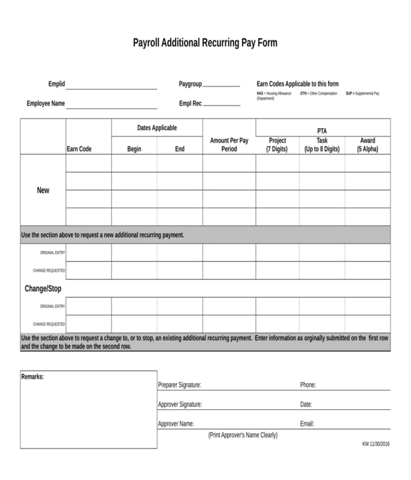 payroll change recurring pay form
