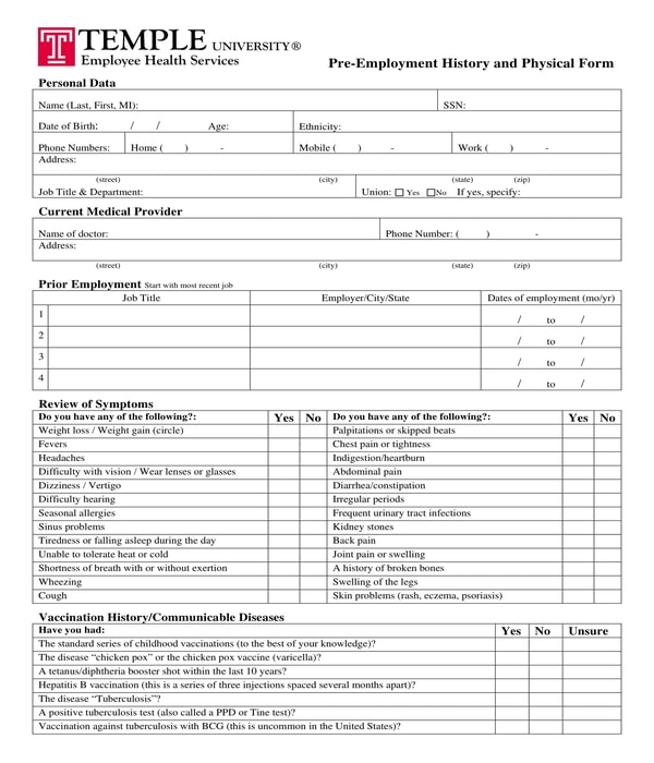 pre employment history and physical form