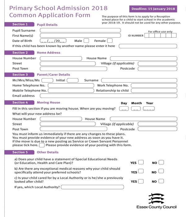 primary school admission common application form