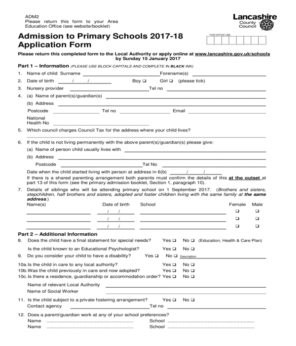 primary schools admission application form