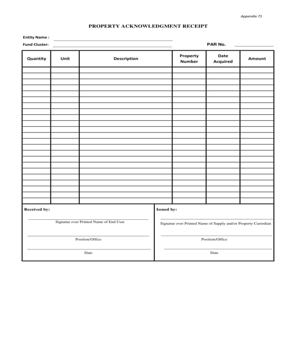 property acknowledgment receipt form sample