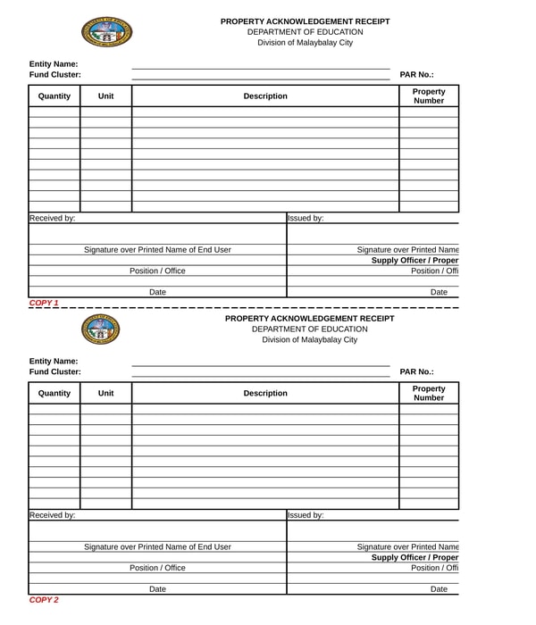 property acknowledgment receipt form in xls