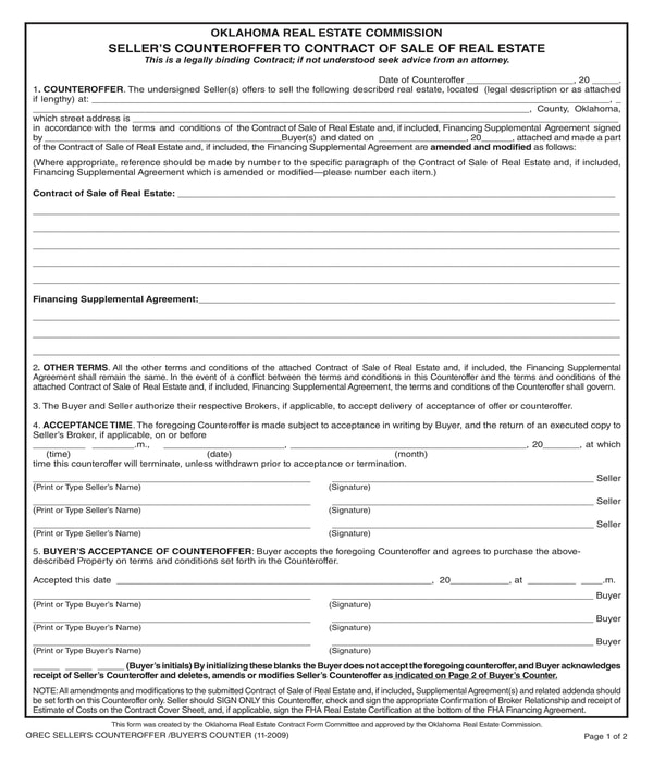 real estate contract seller counteroffer form