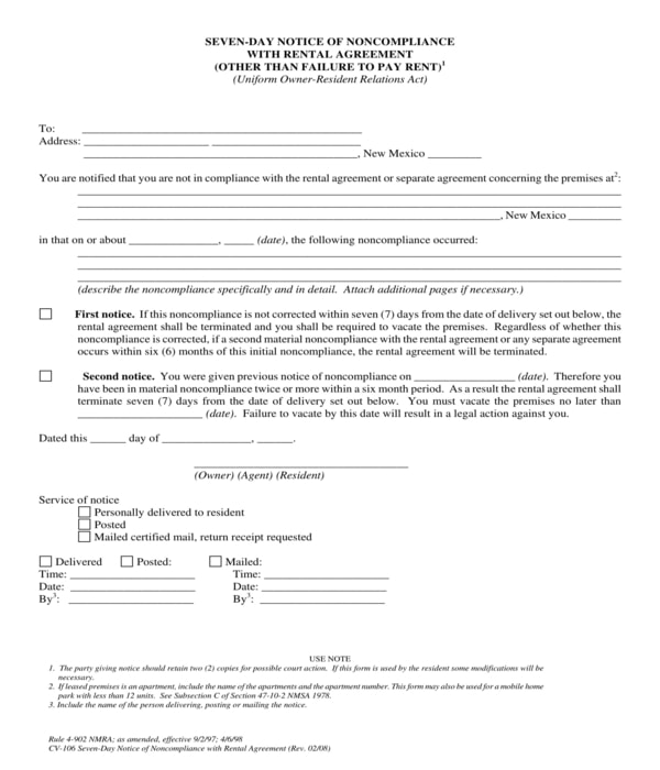 rental agreement non compliance 7 day notice form