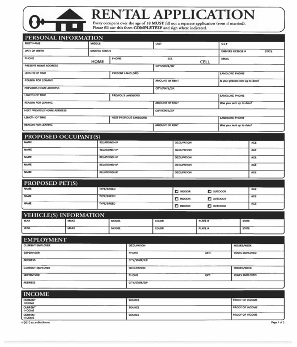 rental application form sample template