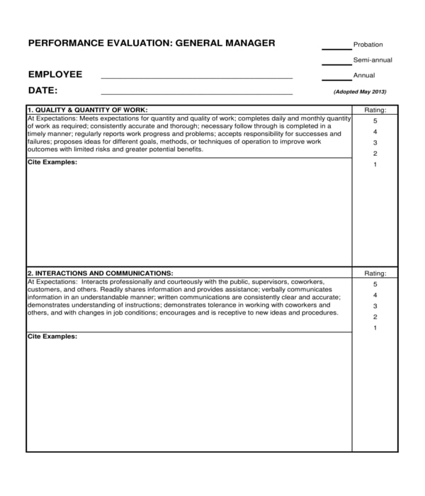 restaurant general manager annual performance evaluation form