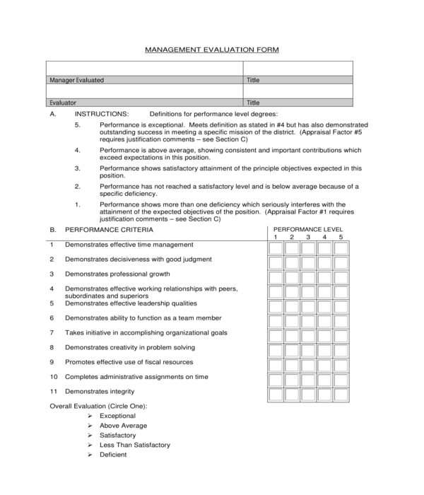 restaurant management evaluation form