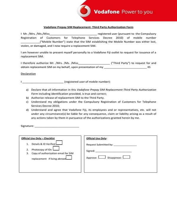 sim replacement third party authorization form
