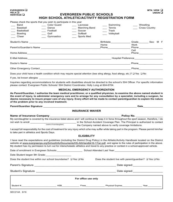 school athletic activity registration form